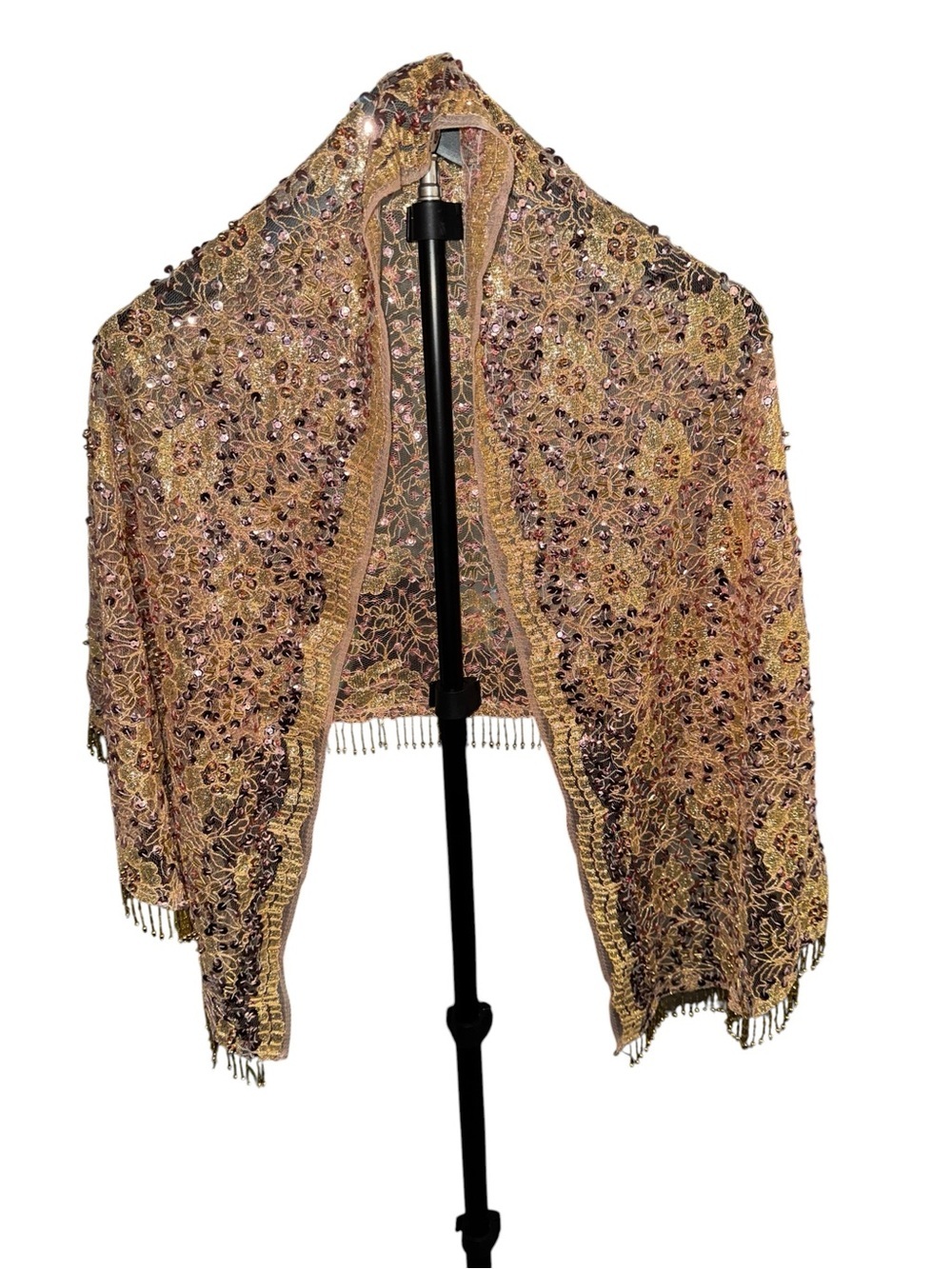 Best Quality Gold Mesh Lace Shawl Wrap with Sequin Beaded with Purple Accents